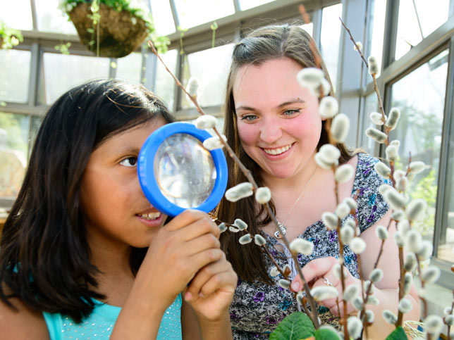 学生用放大镜帮助孩子看植物。