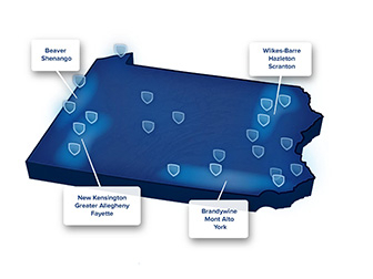 A map of Pennsylvania, with Penn State's campus locations marked by shield logos, and four groupings of campuses highlighted, including: Beaver, Shenango; New Kensington, Greater Allegheny, Fayette; Wilkes-Barre, Hazleton, Scranton; Brandywine, Mont Alto, York.